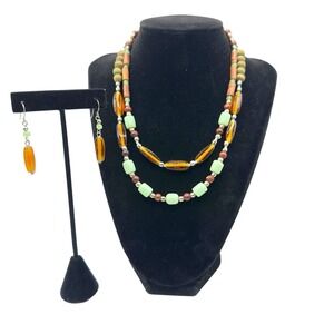 Vintage Boho Necklace Green/Brown Glass & wooden Beads Double Strand w/Earrings
